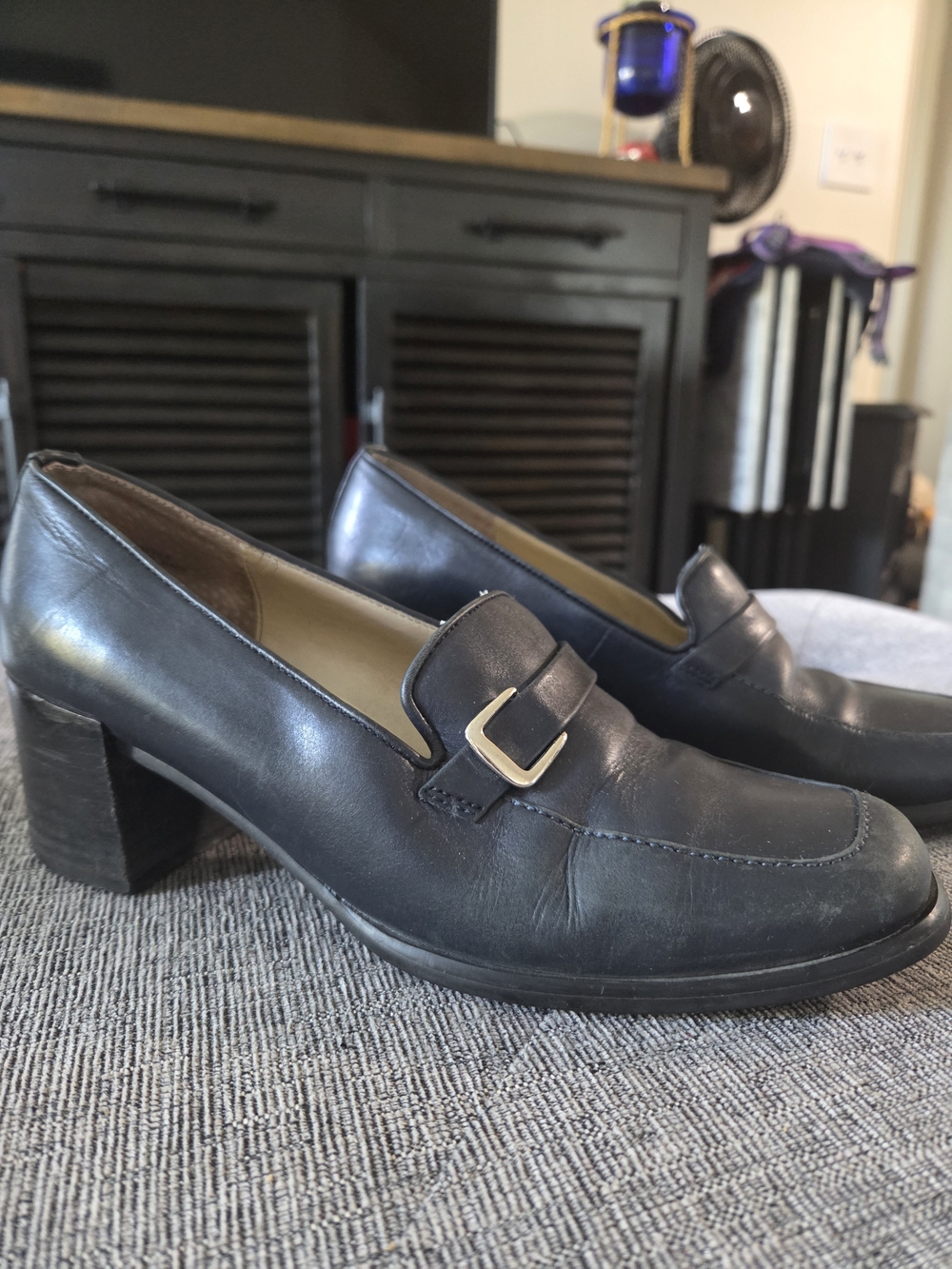 Jones New York Womens Black Leather Block Heel Loafers Size 8